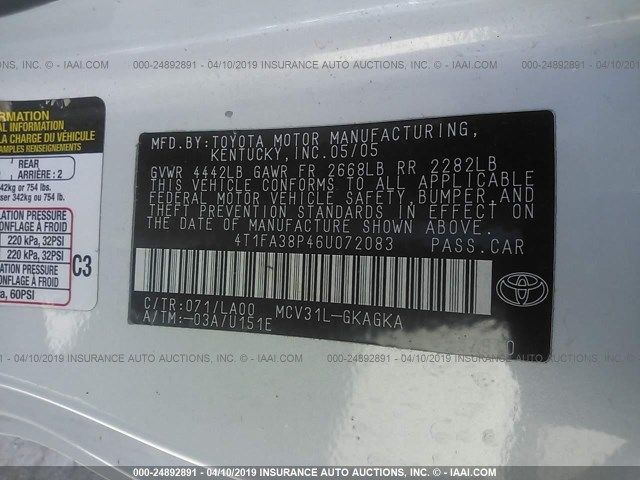 4T1FA38P46U072083 - 2006 TOYOTA CAMRY SOLARA SE/SLE WHITE photo 9