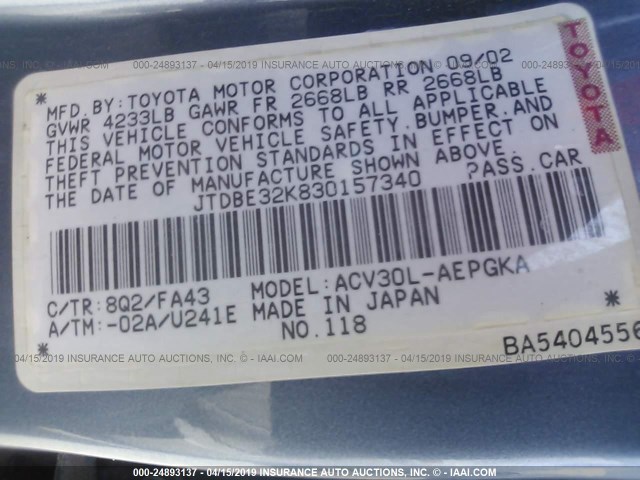 JTDBE32K830157340 - 2003 TOYOTA CAMRY LE/XLE Көк фото 9