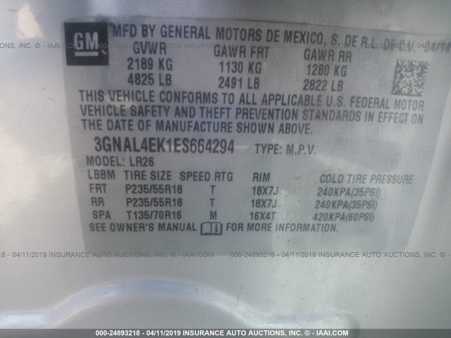 3GNAL4EK1ES664294 - 2014 CHEVROLET CAPTIVA LTZ SILVER photo 9