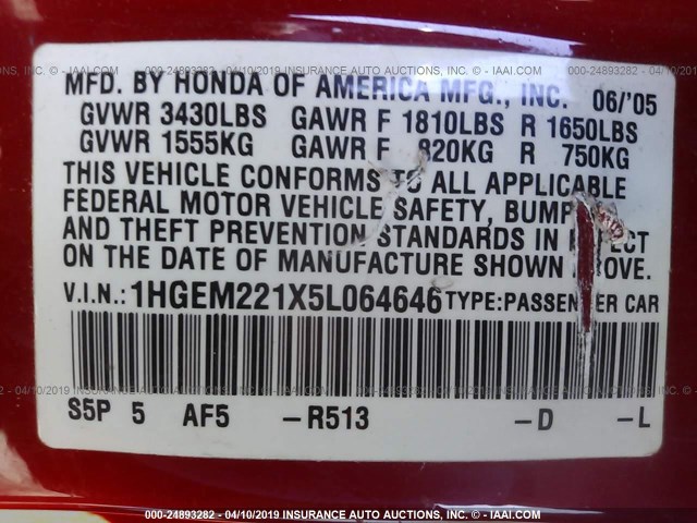 1HGEM221X5L064646 - 2005 HONDA CIVIC DX VP RED photo 9