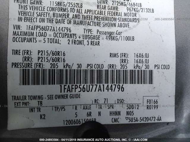 1FAFP56U77A144796 - 2007 FORD TAURUS SEL GRAY photo 9