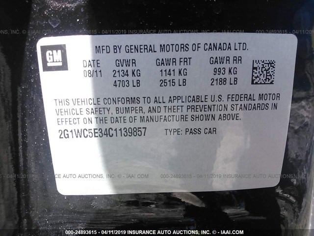 2G1WC5E34C1139857 - 2012 CHEVROLET IMPALA LTZ BLACK photo 9