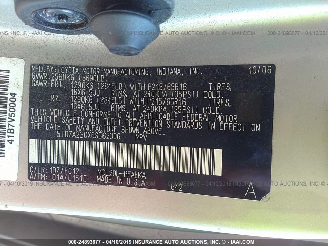 5TDZA23CX6S562306 - 2006 TOYOTA SIENNA CE/LE SILVER photo 9