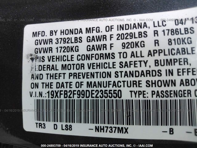 19XFB2F99DE235550 - 2013 HONDA CIVIC EXL GRAY photo 9