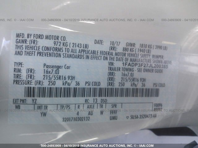 1FADP3F27JL200385 - 2018 FORD FOCUS SE WHITE photo 9