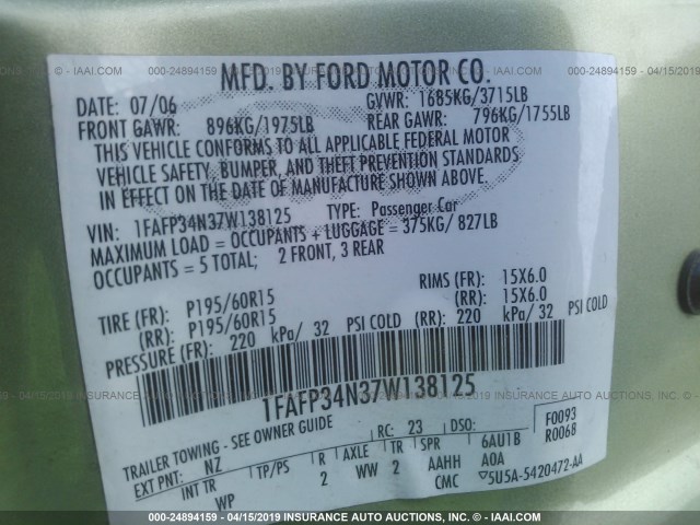 1FAFP34N37W138125 - 2007 FORD FOCUS ZX4/S/SE/SES 绿色 照片 9