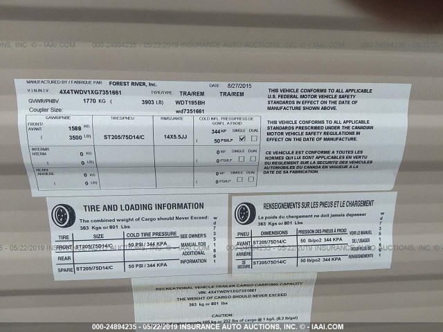 4X4TWDV1XG7351661 - 2016 FOREST RIVER OTHER  白色 照片 9
