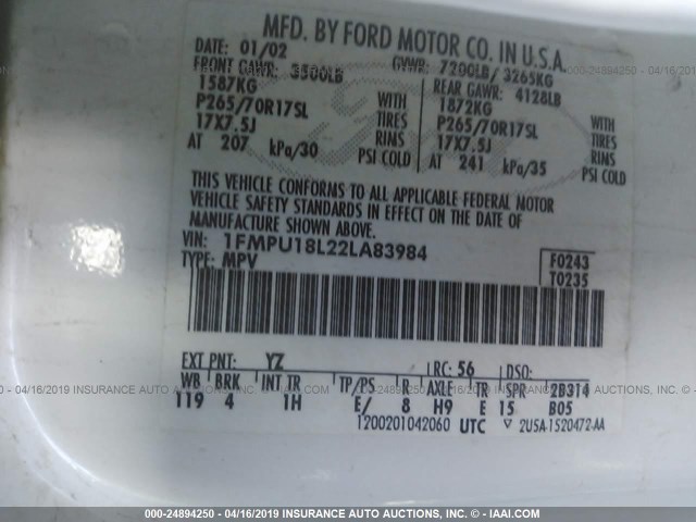 1FMPU18L22LA83984 - 2002 FORD EXPEDITION EDDIE BAUER WHITE photo 9