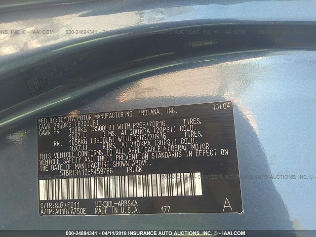 5TBRT34105S459786 - 2005 TOYOTA TUNDRA ACCESS CAB SR5 BLUE photo 9