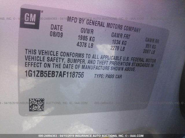 1G1ZB5EB7AF118756 - 2010 CHEVROLET MALIBU LS SILVER photo 9