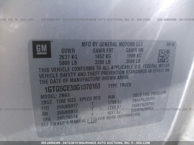 1GTG5CE30G1370163 - 2016 GMC CANYON SLE SILVER photo 9