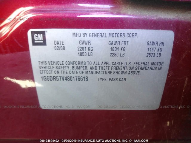 1G6DR57V480176618 - 2008 CADILLAC CTS HI FEATURE V6 RED photo 9