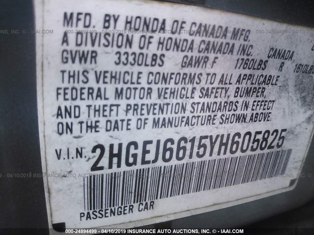 2HGEJ6615YH605825 - 2000 HONDA CIVIC SE Light Blue photo 9