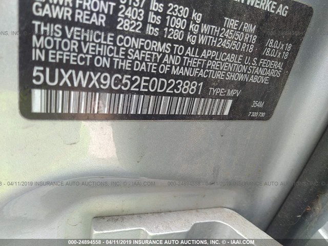 5UXWX9C52E0D23881 - 2014 BMW X3 XDRIVE28I SILVER photo 9