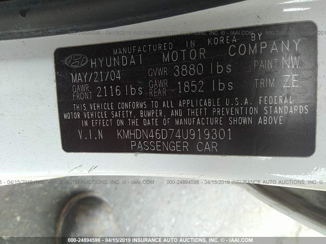 KMHDN46D74U919301 - 2004 HYUNDAI ELANTRA GLS/GT WHITE photo 9