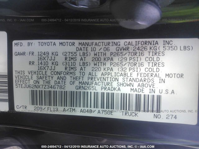 5TEJU62NX7Z346782 - 2007 TOYOTA TACOMA DOUBLE CAB PRERUNNER BLACK photo 9