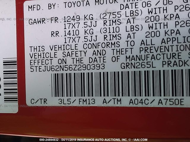 5TEJU62N56Z290393 - 2006 TOYOTA TACOMA DOUBLE CAB PRERUNNER RED photo 9