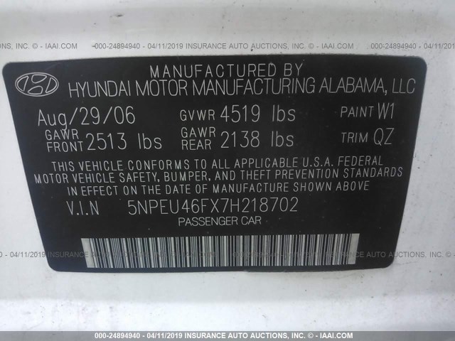 5NPEU46FX7H218702 - 2007 HYUNDAI SONATA SE/LIMITED WHITE photo 9