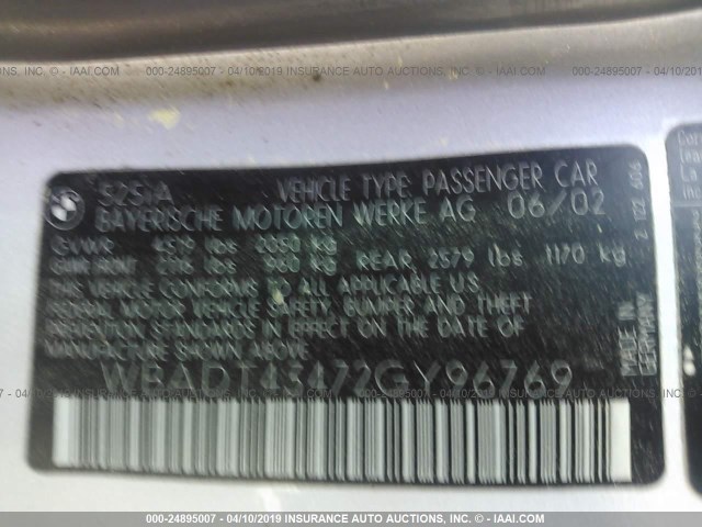 WBADT43472GY96769 - 2002 BMW 525 I AUTOMATIC SILVER photo 9