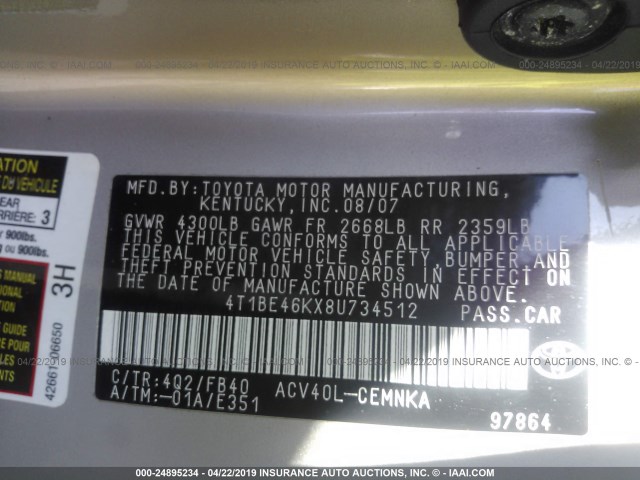 4T1BE46KX8U734512 - 2008 TOYOTA CAMRY CE/LE/XLE/SE TAN photo 9