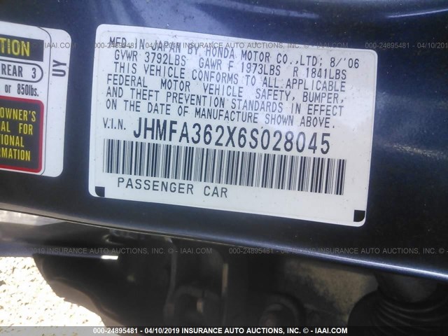 JHMFA362X6S028045 - 2006 HONDA CIVIC HYBRID BLUE photo 9