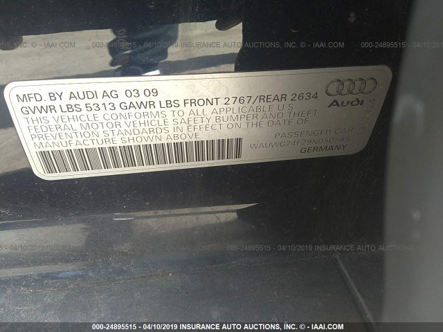 WAUWG74F29N050585 - 2009 AUDI A6 QUATTRO BLUE photo 9