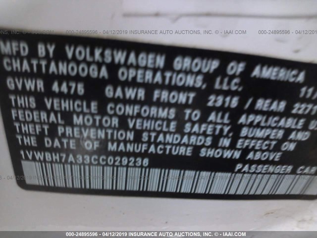 1VWBH7A33CC029236 - 2012 VOLKSWAGEN PASSAT SE WHITE photo 9