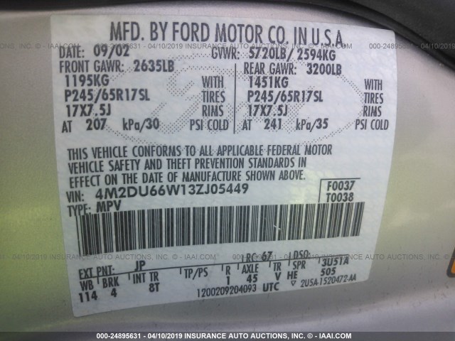 4M2DU66W13ZJ05449 - 2003 MERCURY MOUNTAINEER  SILVER photo 9