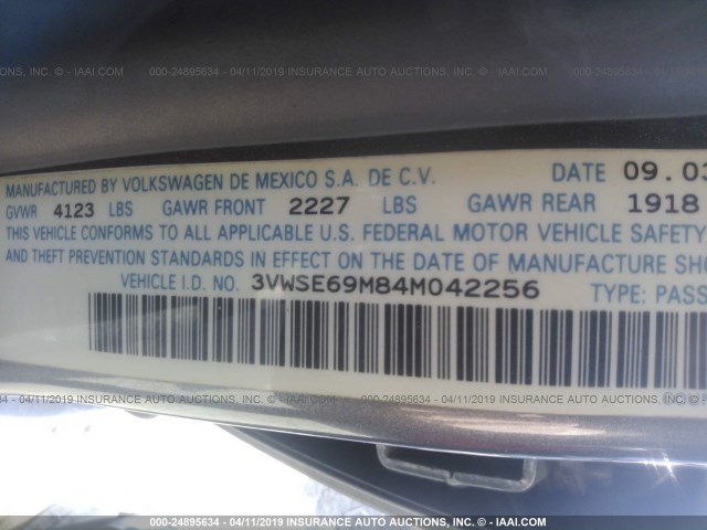 3VWSE69M84M042256 - 2004 VOLKSWAGEN JETTA GLS GRAY photo 9