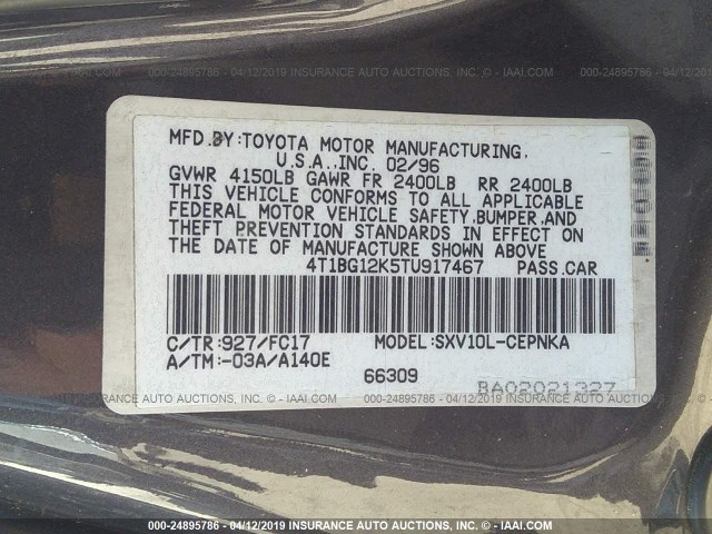 4T1BG12K5TU917467 - 1996 TOYOTA CAMRY DX/LE/XLE GRAY photo 9