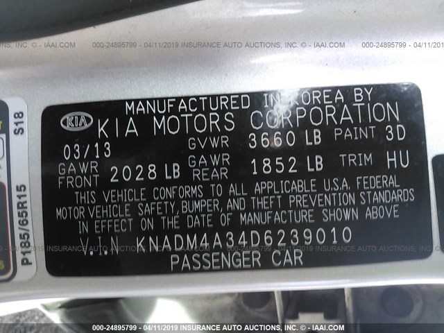 KNADM4A34D6239010 - 2013 KIA RIO LX SILVER photo 9