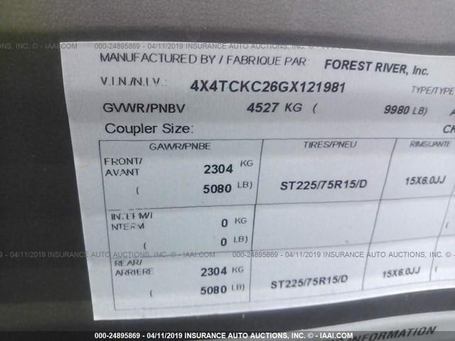 4X4TCKC26GX121981 - 2016 FOREST RIVER CHEROKEE PATRIOT  Unknown photo 9