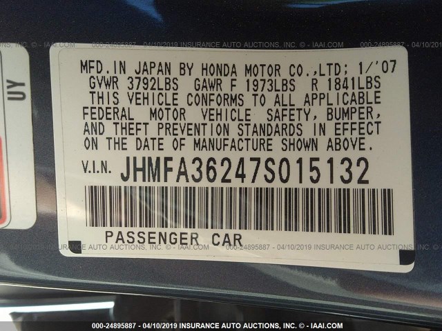 JHMFA36247S015132 - 2007 HONDA CIVIC HYBRID GRAY photo 9