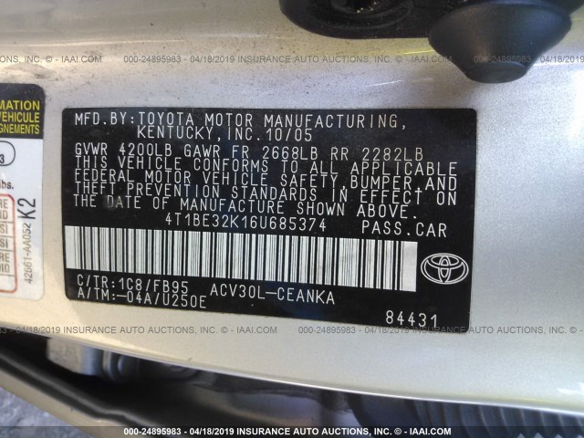 4T1BE32K16U685374 - 2006 TOYOTA CAMRY LE/XLE/SE SILVER photo 9