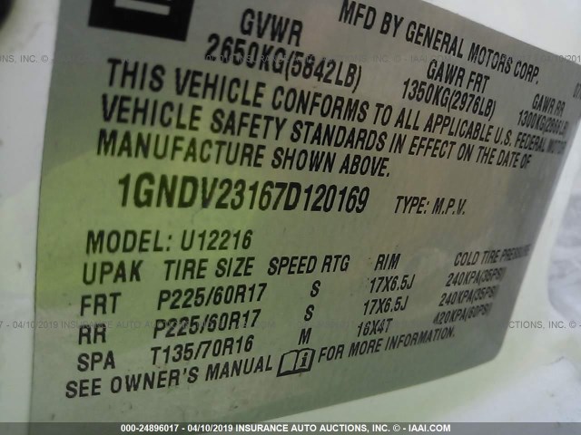 1GNDV23167D120169 - 2007 CHEVROLET UPLANDER LS WHITE photo 9