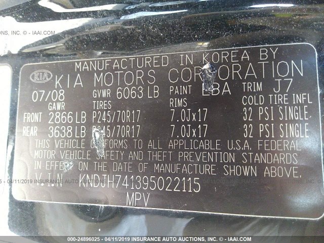 KNDJH741395022115 - 2009 KIA BORREGO LX/EX BLACK photo 9