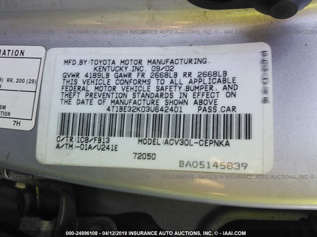 4T1BE32K03U642401 - 2003 TOYOTA CAMRY LE/XLE/SE SILVER photo 9