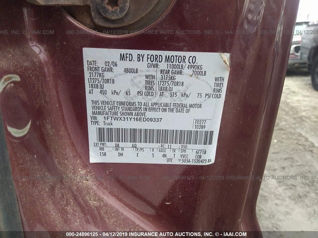 1FTWX31Y16ED09337 - 2006 FORD F350 SRW SUPER DUTY MAROON photo 9