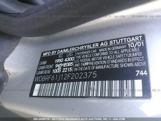 WDBRF61J12F202375 - 2002 MERCEDES-BENZ C 240 SILVER photo 9