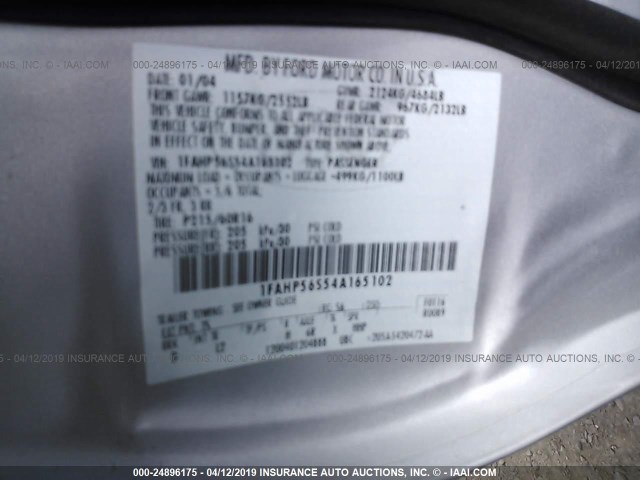 1FAHP56S54A165102 - 2004 FORD TAURUS SEL SILVER photo 9