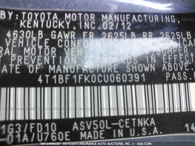 4T1BF1FK0CU060391 - 2012 TOYOTA CAMRY SE/LE/XLE GRAY photo 9