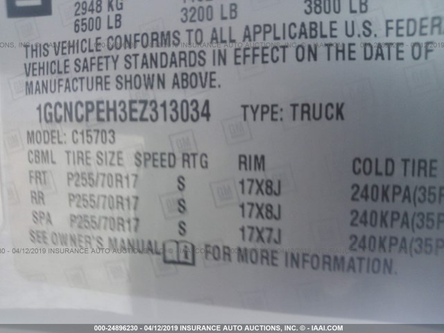 1GCNCPEH3EZ313034 - 2014 CHEVROLET SILVERADO C1500 WHITE photo 9