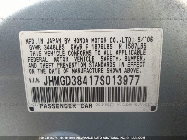 JHMGD38417S013977 - 2007 HONDA FIT Light Blue photo 9