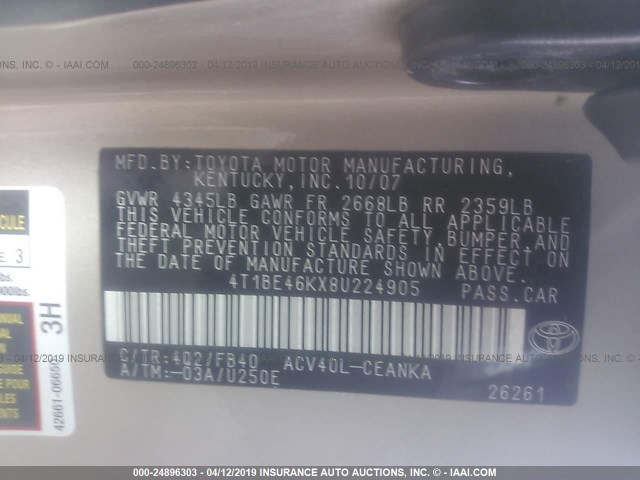 4T1BE46KX8U224905 - 2008 TOYOTA CAMRY CE/LE/XLE/SE TAN photo 9