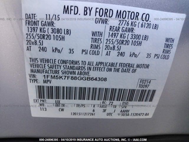 1FM5K7F88GGB64308 - 2016 FORD EXPLORER LIMITED SILVER photo 9