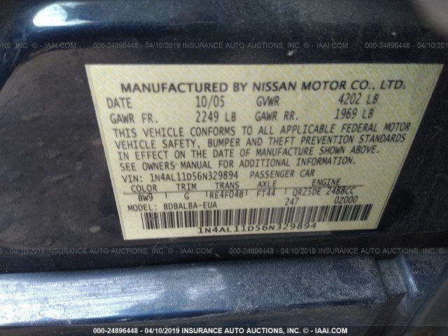 1N4AL11D56N329894 - 2006 NISSAN ALTIMA S/SL Dark Blue photo 9