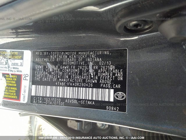 4T4BF1FK4DR290426 - 2013 TOYOTA CAMRY L/SE/LE/XLE GRAY photo 9