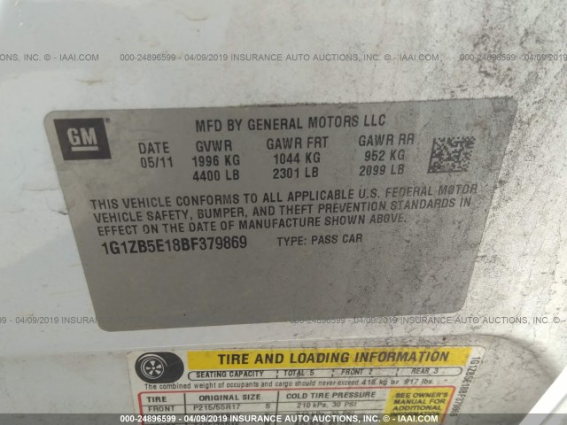 1G1ZB5E18BF379869 - 2011 CHEVROLET MALIBU LS WHITE photo 9