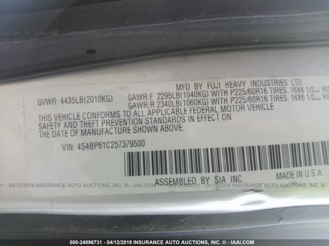 4S4BP61C257379500 - 2005 SUBARU LEGACY OUTBACK 2.5I SILVER photo 9