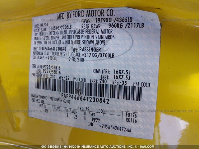 1FAFP44664F230842 - 2004 FORD MUSTANG YELLOW photo 9